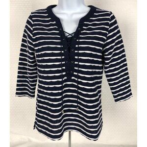 Allison Daley Top Women Size XS Petite Black White Stripe Lace up Front V neck